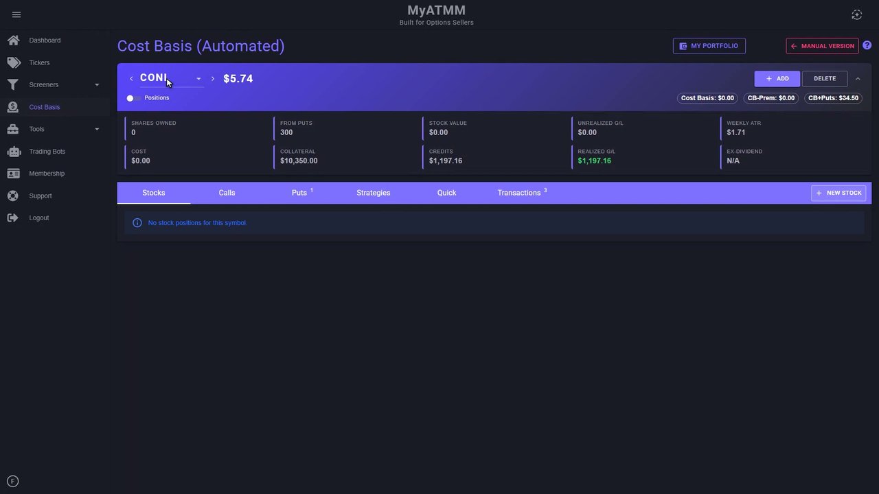 MyATMM Cost Basis page for one ticker with the Cost Basis, CB-Prem and CB+Puts chips