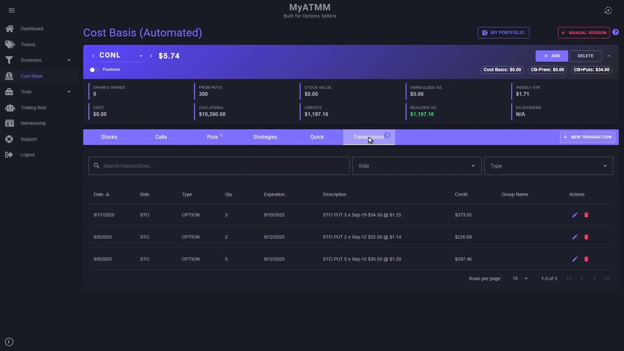 MyATMM Transactions tab listing sell-to-open put transactions with their credits