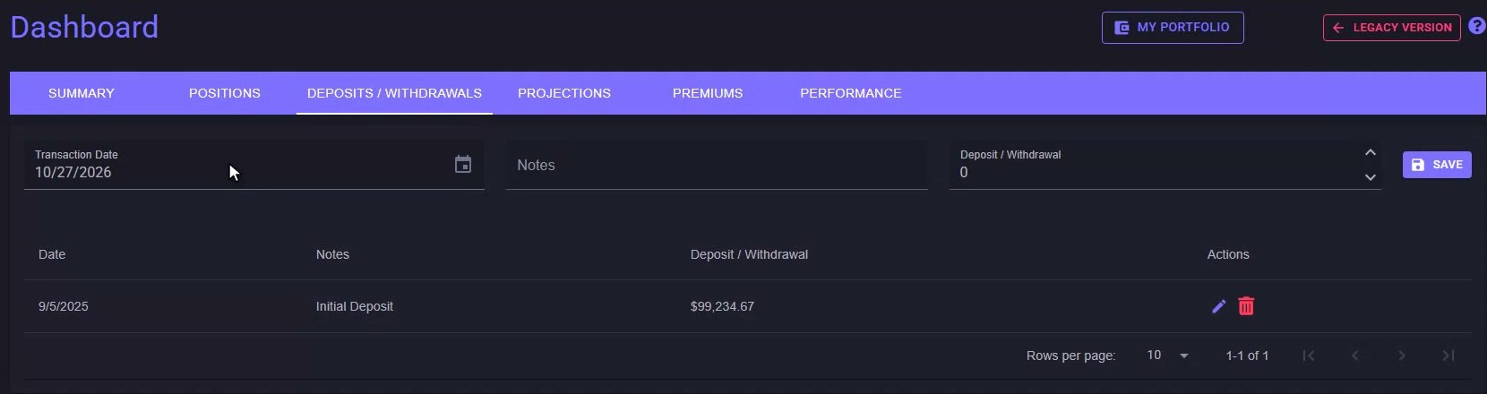 MyATMM dashboard Deposits / Withdrawals tab with the date, notes and amount entry row, the Save button, and the ledger table showing one opening deposit