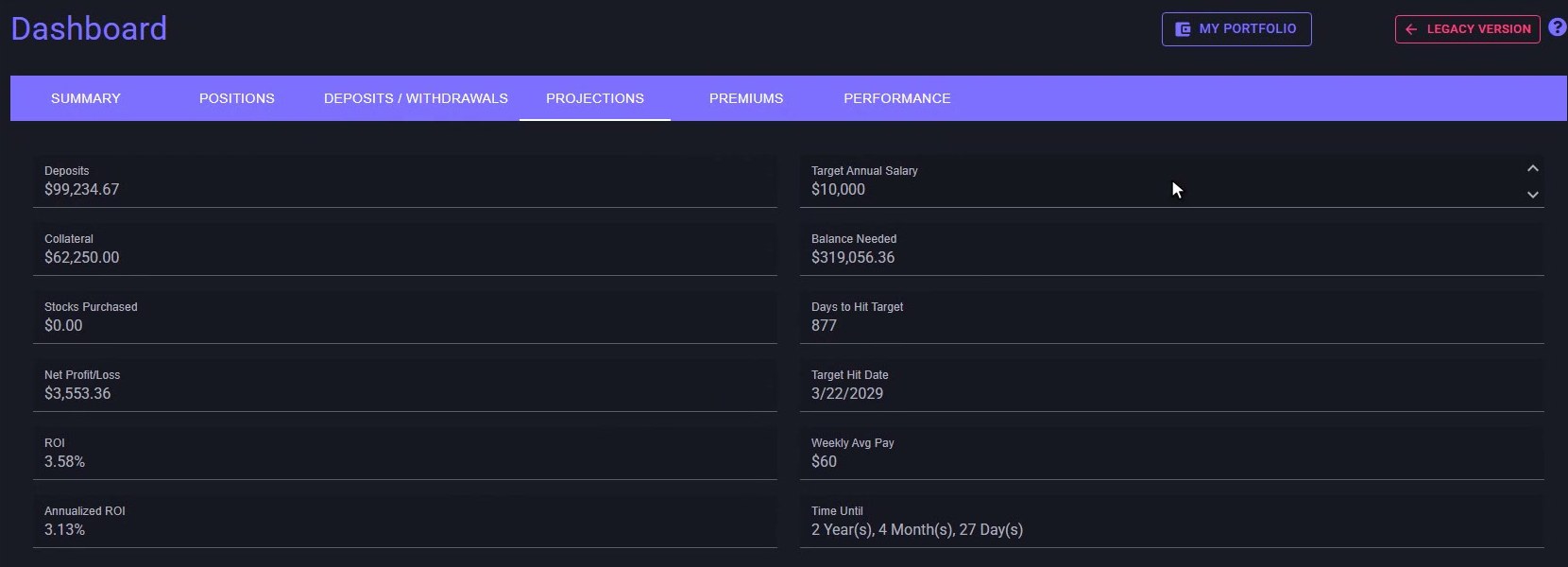MyATMM dashboard Projections tab with the account column on the left (deposits, collateral, stocks purchased, net profit/loss, ROI, annualized ROI) and the what-if target calculator on the right
