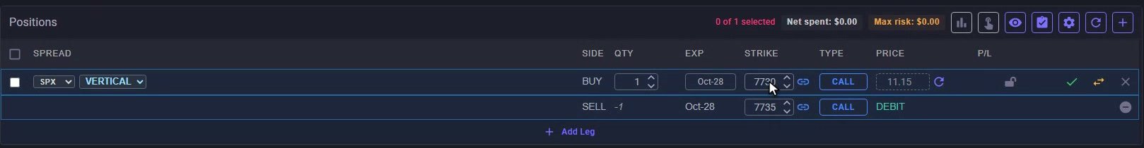 MyATMM Risk Profile inline legs editor showing a two-leg SPX call vertical with linked strikes, the live price field and the save, reverse and cancel controls