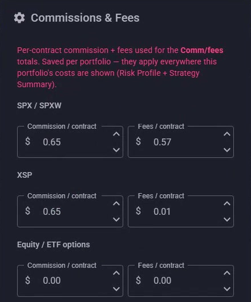 MyATMM Commissions and Fees dialog with per-contract commission and fee fields for SPX, XSP and equity options